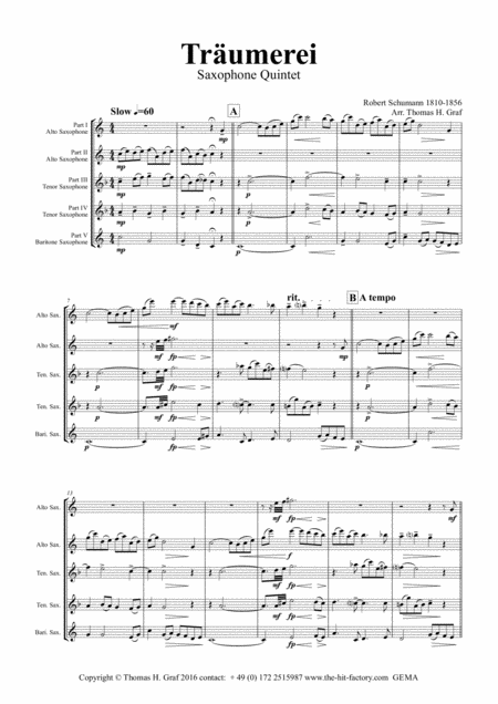 Trumerei Romantic Masterpiece By R Schumann Saxophone Quintet Sheet Music