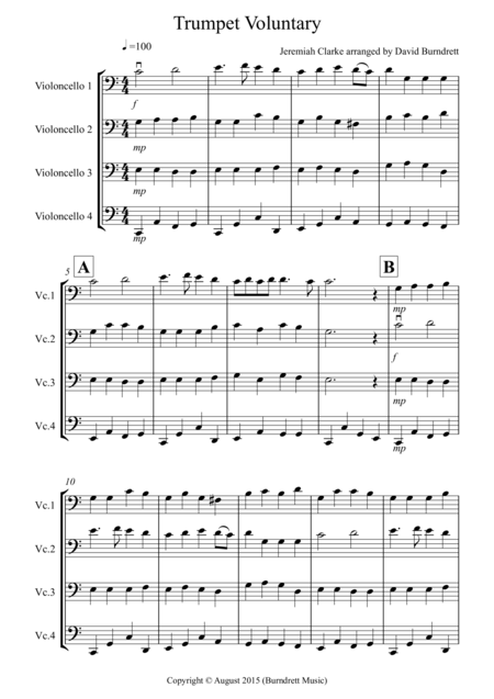 Trumpet Voluntary For Cello Quartet Sheet Music