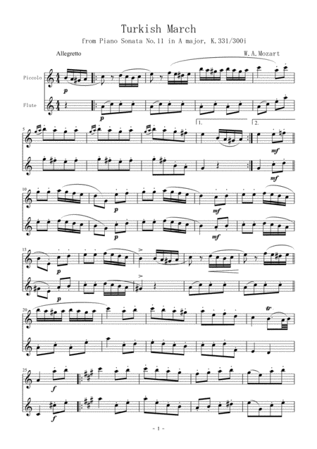 Free Sheet Music Turkish March From Piano Sonata No 11 In A Major K 331 300i