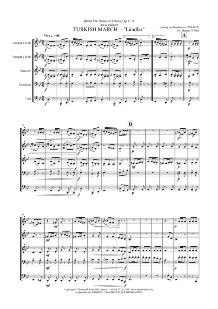 Turkish March Lndler Beethoven Brass Quintet Sheet Music