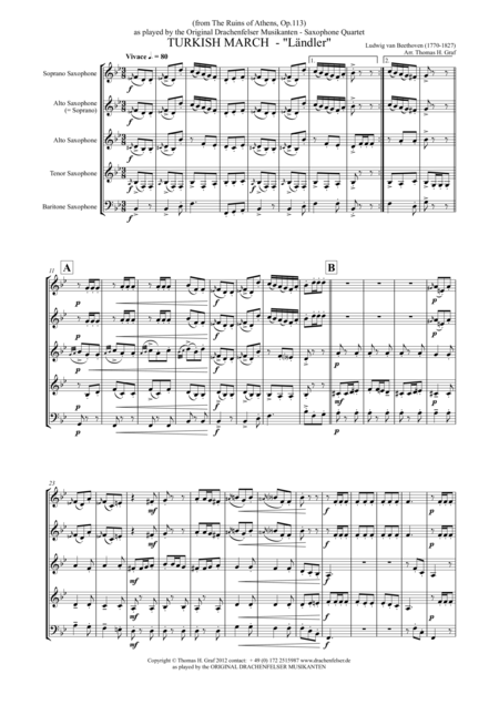 Turkish March Lndler Beethoven Saxophone Quartet Sheet Music