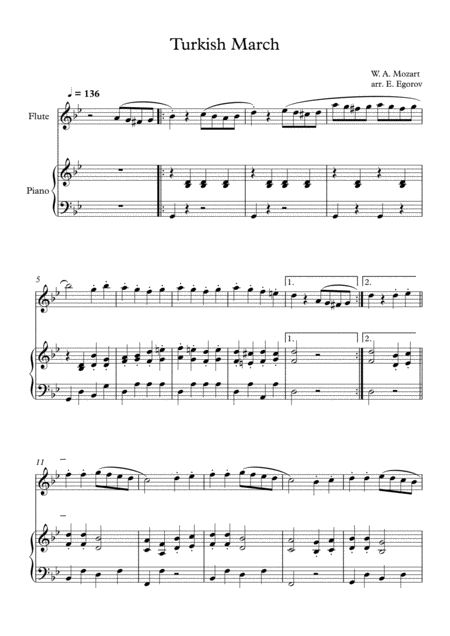 Turkish March Wolfgang Amadeus Mozart For Flute Piano Sheet Music