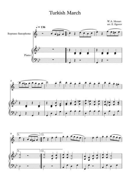 Turkish March Wolfgang Amadeus Mozart For Soprano Saxophone Piano Sheet Music