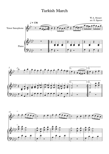 Turkish March Wolfgang Amadeus Mozart For Tenor Saxophone Piano Sheet Music