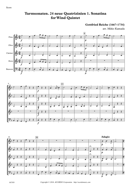 Turmsonaten 24 Neue Quatrizinien 1 Sonatina For Wind Quintet Sheet Music