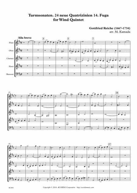 Turmsonaten 24 Neue Quatrizinien 14 Fuga For Wind Quintet Sheet Music