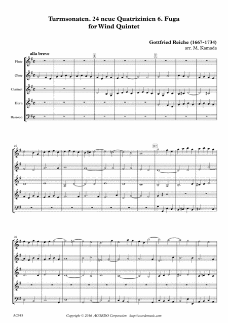 Turmsonaten 24 Neue Quatrizinien 6 Fuga For Wind Quintet Sheet Music