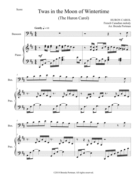 Twas In The Moon Of Wintertime The Huron Carol Bassoon Piano Arr Brenda Portman Sheet Music