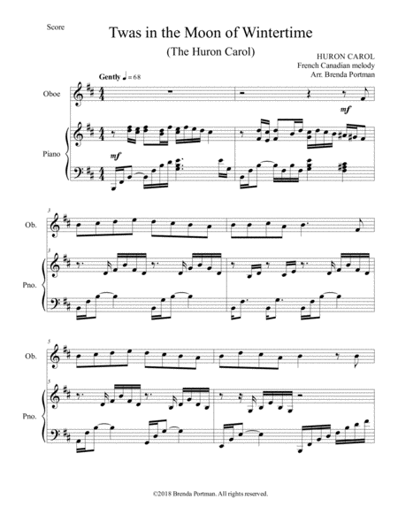 Free Sheet Music Twas In The Moon Of Wintertime The Huron Carol Oboe Piano Arr Brenda Portman