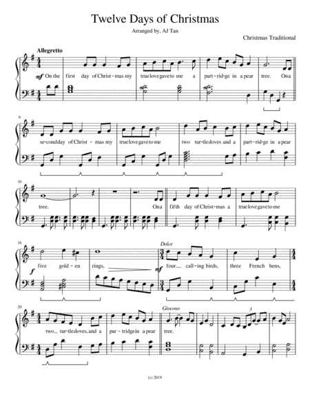 Free Sheet Music Twelve Days Of Christmas Piano Version