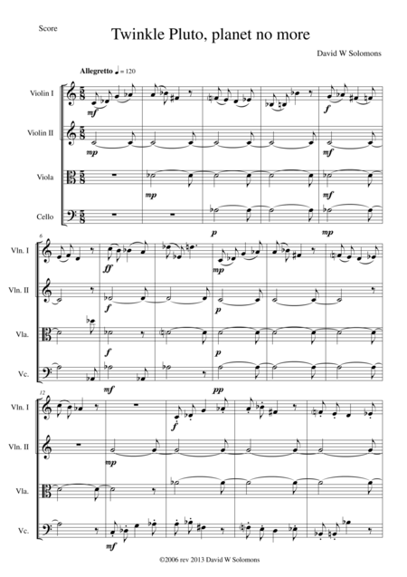 Twinkle Pluto Planet No More For String Quartet Sheet Music