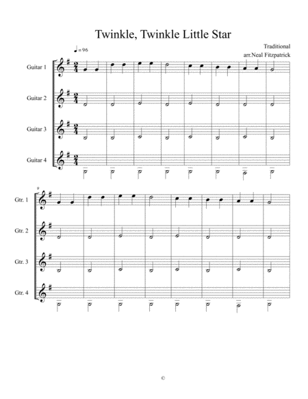 Free Sheet Music Twinkle Twinkle Little Star Arranged For Four Guitars