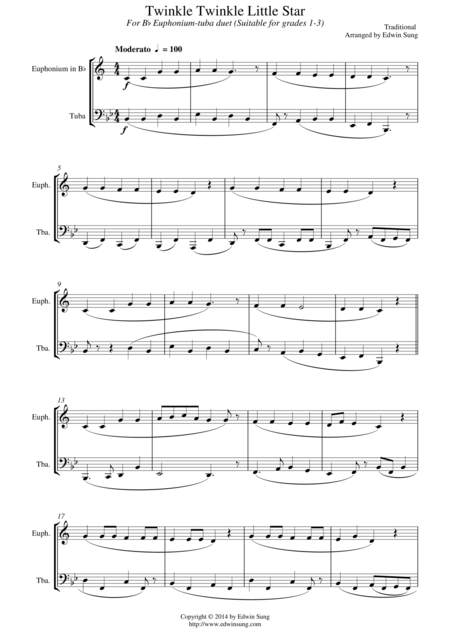 Free Sheet Music Twinkle Twinkle Little Star For Euphonium Bb Treble Tuba Duet Suitable For Grades 1 3