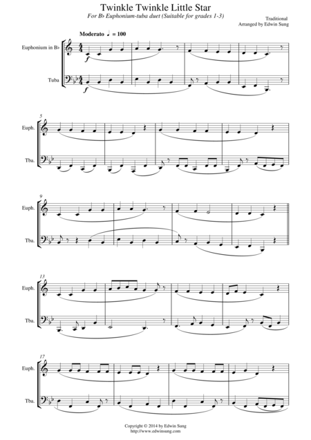 Twinkle Twinkle Little Star For Euphonium Bb Treble Tuba Duet Suitable For Grades 1 3 Sheet Music