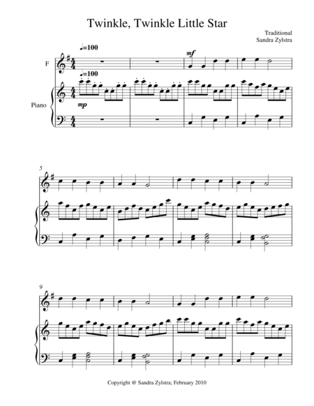 Twinkle Twinkle Little Star Treble F Instrument Solo Sheet Music