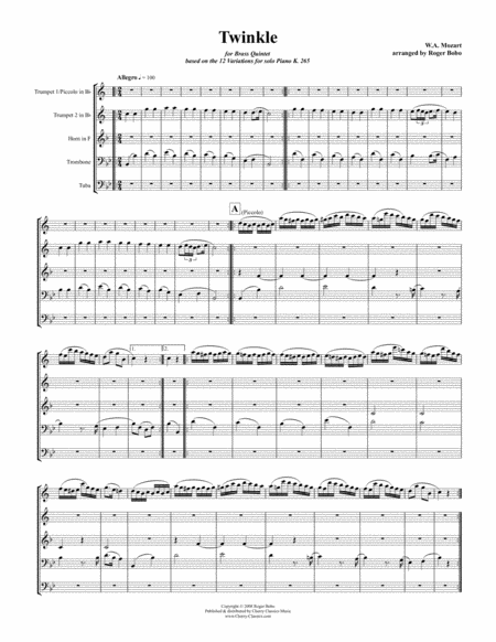 Twinkle Variations For Brass Quintet Sheet Music