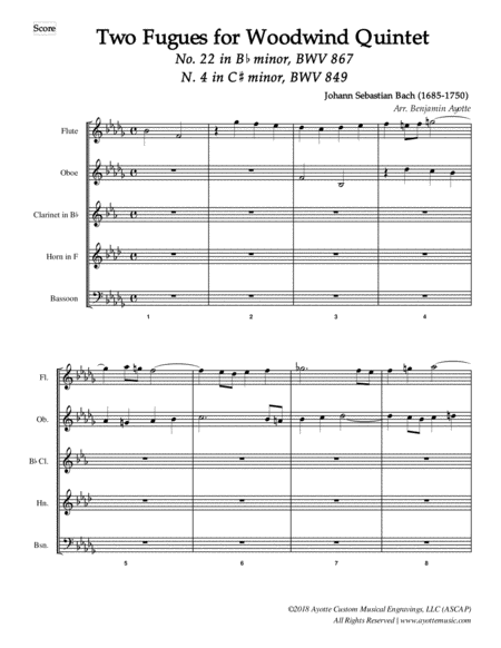 Two Bach Fugues From The Well Tempered Clavier For Woodwind Quintet Bwv 867 In Bb Minor And Bwv 849 In C Minor Sheet Music