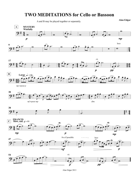 Two Meditations For Cello Or Bassoon Sheet Music