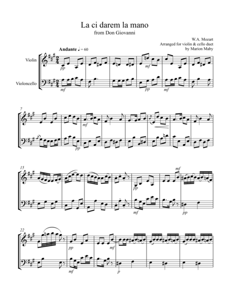 Two Mozart Arias Arr For Vln Cello Duet Sheet Music