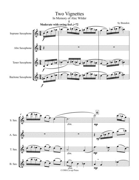 Free Sheet Music Two Vignettes For Sax Quartet