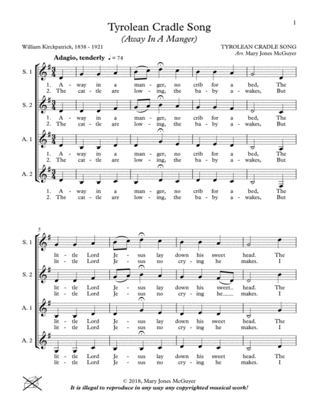 Free Sheet Music Tyrolean Cradle Song Away In A Manger Fors S A A A Cappella