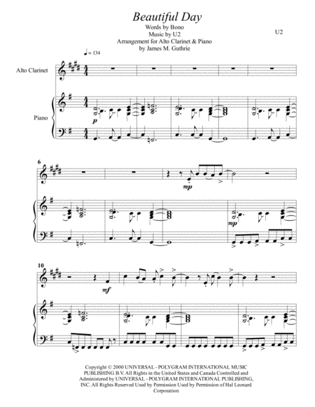 Free Sheet Music U2 Beautiful Day For Alto Clarinet Piano