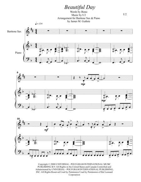 U2 Beautiful Day For Baritone Sax Piano Sheet Music