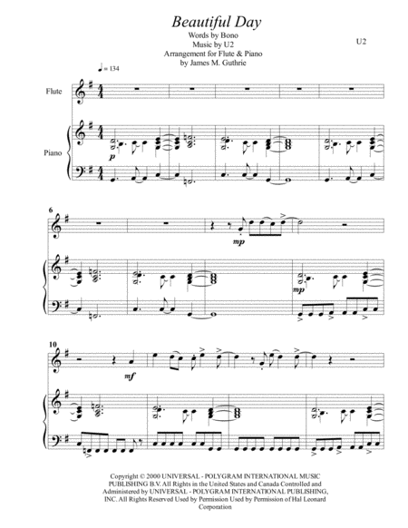 Free Sheet Music U2 Beautiful Day For Flute Piano