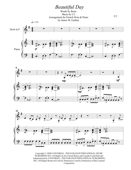 U2 Beautiful Day For French Horn Piano Sheet Music