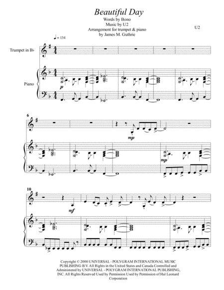 U2 Beautiful Day For Trumpet Piano Sheet Music