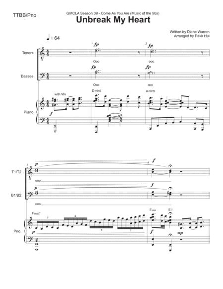 Un Break My Heart Ttbb Piano Sheet Music