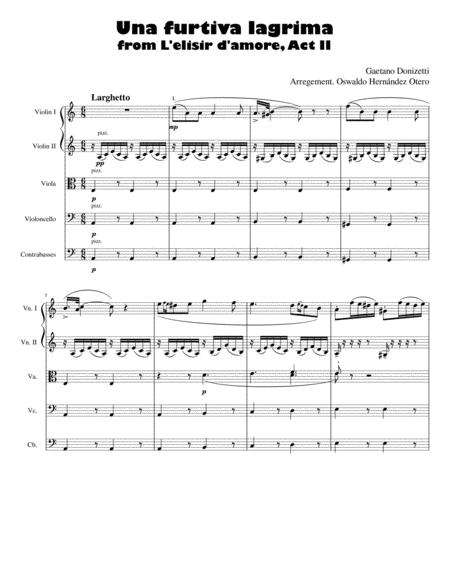 Una Furtiva Lagrima Easy Key Cm String Quintet Sheet Music