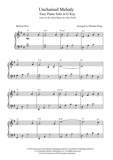 Free Sheet Music Unchained Melody Easy Piano Solo In G Key With Chords