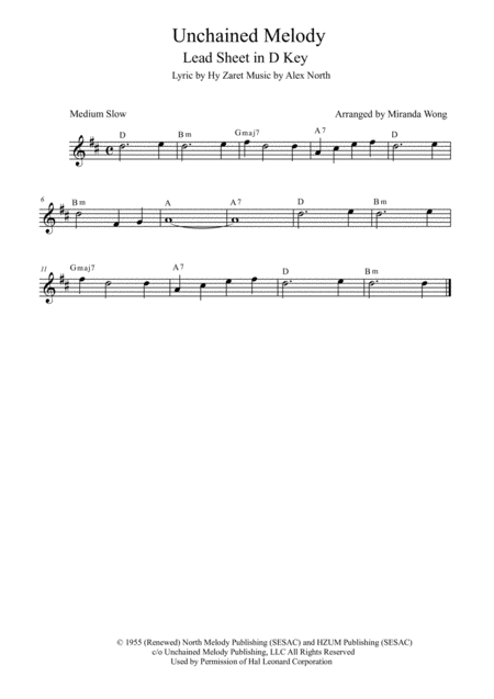 Free Sheet Music Unchained Melody Lead Sheet In D Key With Chord