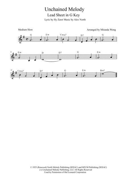 Unchained Melody Lead Sheet In G Key With Chords Sheet Music