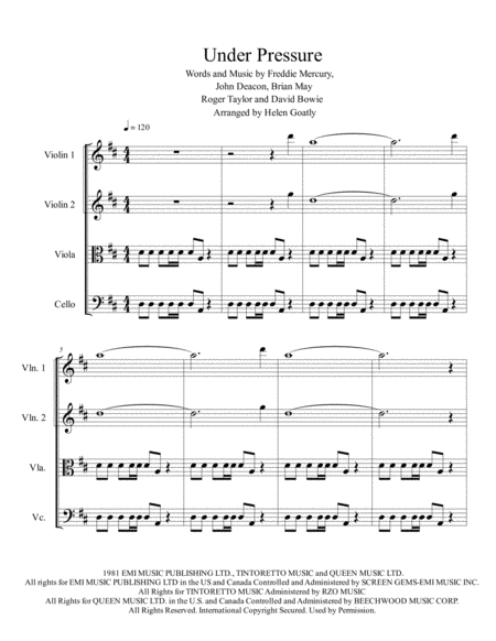 Under Pressure By Queen And David Bowie Arranged For String Quartet Sheet Music