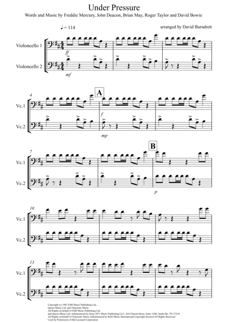 Under Pressure For Cello Duet Sheet Music