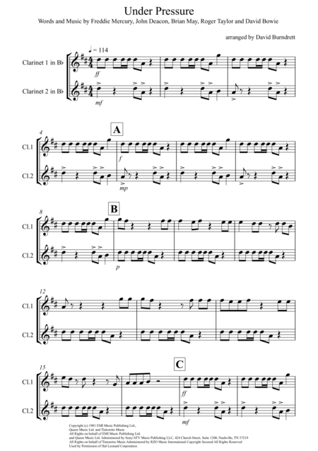 Under Pressure For Clarinet Duet Sheet Music