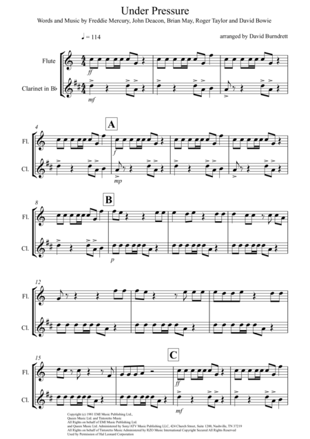 Under Pressure For Flute And Clarinet Duet Sheet Music