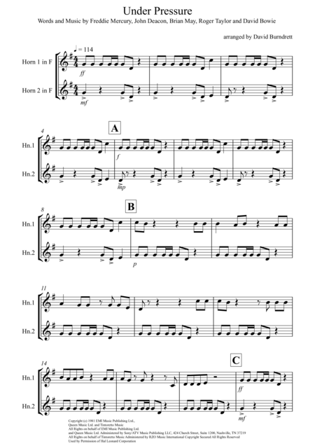 Under Pressure For French Horn Duet Sheet Music