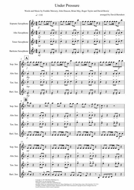 Under Pressure For Saxophone Quartet Sheet Music