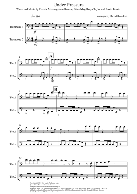 Under Pressure For Trombone Duet Sheet Music