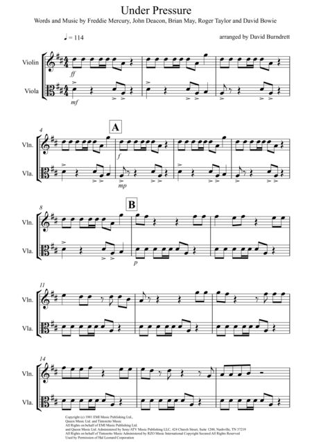 Free Sheet Music Under Pressure For Violin And Viola Duet