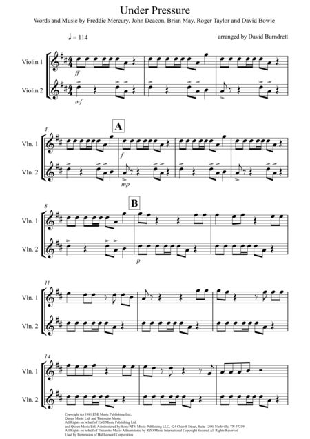 Under Pressure For Violin Duet Sheet Music