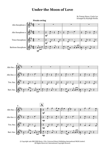 Under The Moon Of Love By Showaddywaddy Curtis Lee Saxophone Quartet Aatb Sheet Music
