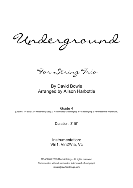 Underground From Labyrinth String Trio Sheet Music