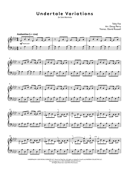 Undertale Variations For Solo Marimba Sheet Music