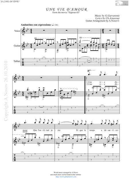Free Sheet Music Une Vie D Amour Sheet Music For Vocals And Guitar