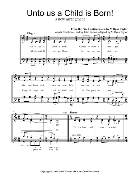 Unto Us A Child Is Born A Christmas Carol Satb Acapella Sheet Music