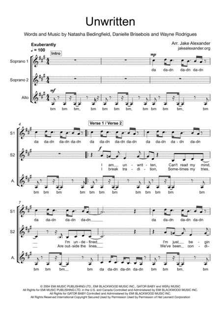 Free Sheet Music Unwritten Ssa